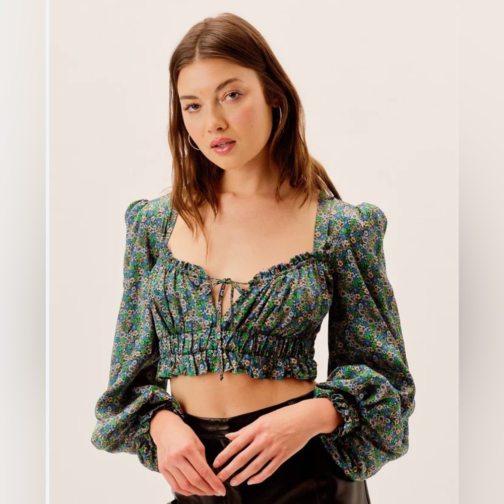 For Love & Lemons Floral Square Neck Crop Top | Cottagecore Puff Sleeve Blouse